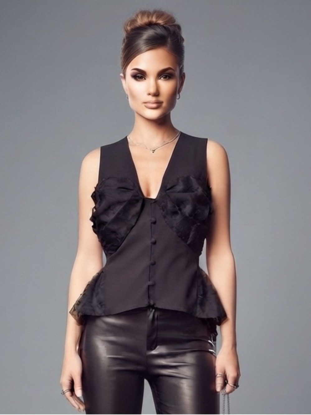 ASOS LUXE Black Sleeveless Button-Front V-Neck Top
